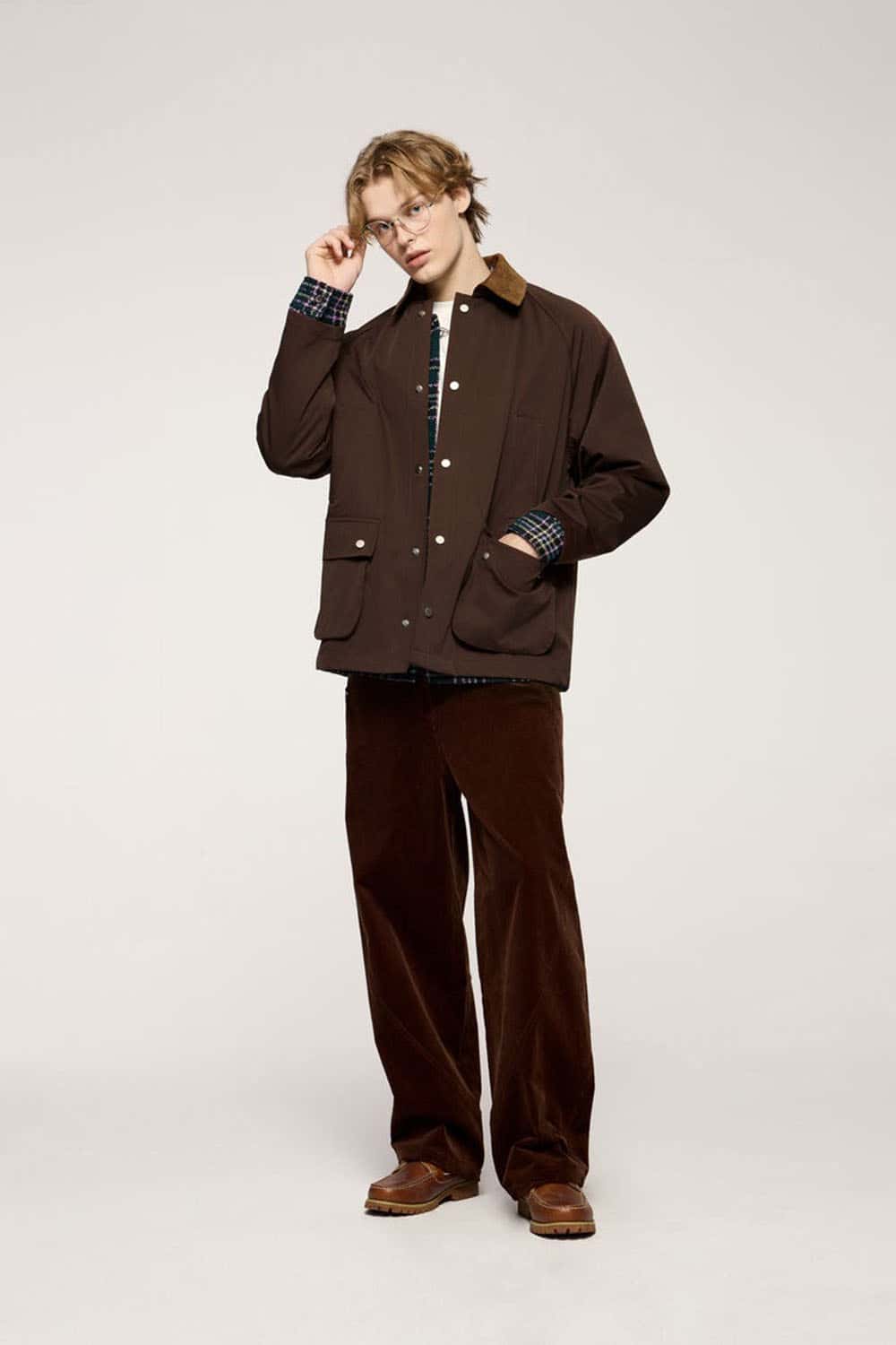 Wrinkle-Resistant Corduroy-Collar Utility Jacket in Coffee - full-length front modeled view