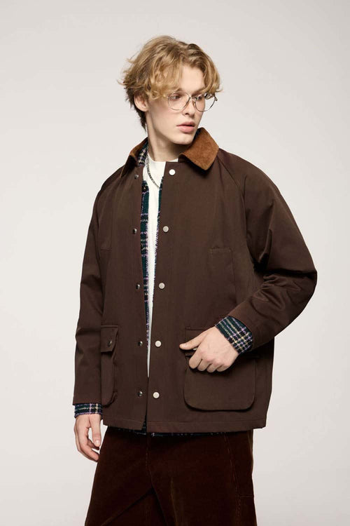 Wrinkle-Resistant Corduroy-Collar Utility Jacket in Coffee - three-quarter front modeled view