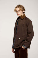 Wrinkle-Resistant Corduroy-Collar Utility Jacket in Coffee - full-length front modeled view