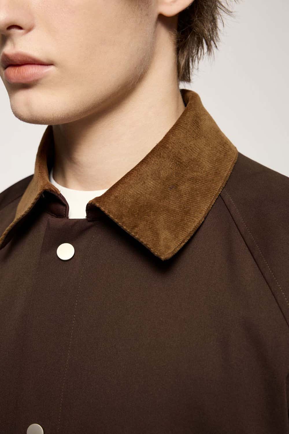 Wrinkle-Resistant Corduroy-Collar Utility Jacket in Coffee - three-quarter front modeled view