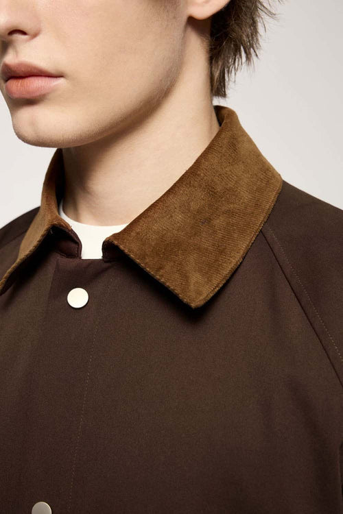 Wrinkle-Resistant Corduroy-Collar Utility Jacket in Coffee - three-quarter front modeled view