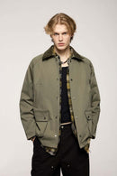 Wrinkle-Resistant Corduroy-Collar Utility Jacket in Green - front modeled close-up