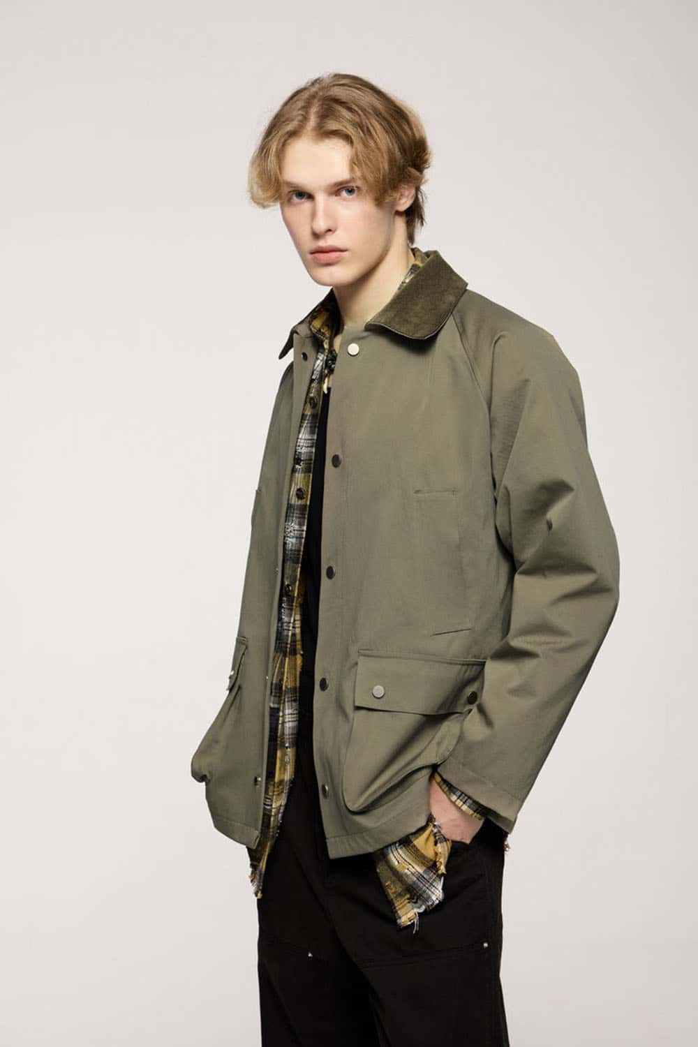 Wrinkle-Resistant Corduroy-Collar Utility Jacket in Green - three-quarter front modeled view