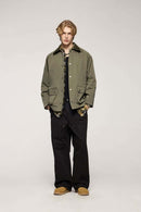 Wrinkle-Resistant Corduroy-Collar Utility Jacket in Green - full-length front modeled view