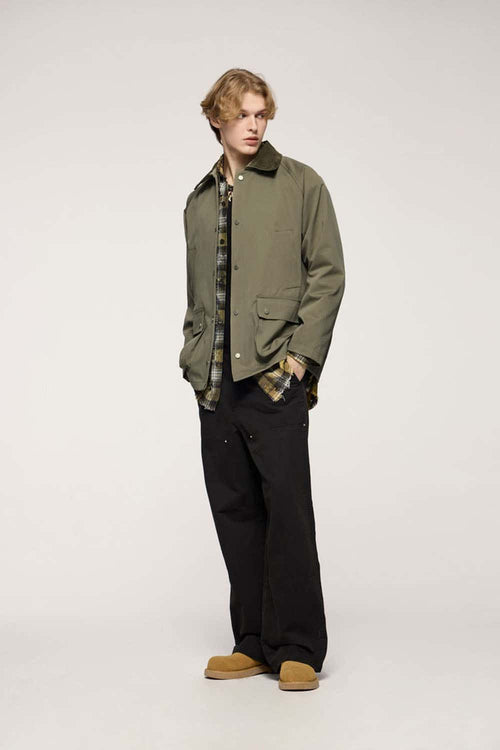 Wrinkle-Resistant Corduroy-Collar Utility Jacket in Green - full-length front modeled view