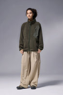 Mixed-Media Polar Fleece Stand Collar Jacket - Grayish Green