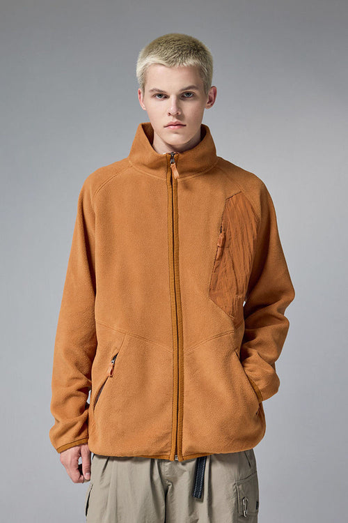 Mixed-Media Polar Fleece Stand Collar Jacket - Grayish Orange