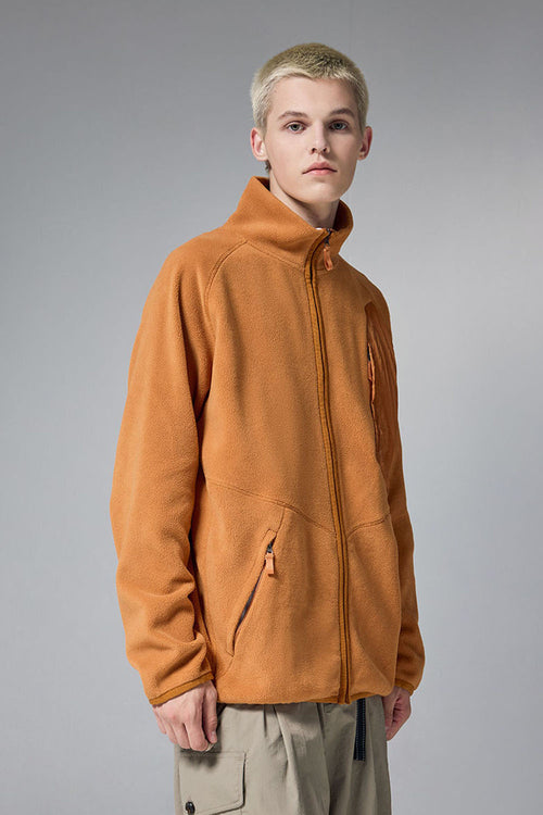 Mixed-Media Polar Fleece Stand Collar Jacket - Grayish Orange