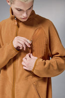 Mixed-Media Polar Fleece Stand Collar Jacket - Grayish Orange
