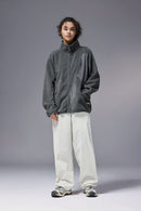 Mixed-Media Polar Fleece Stand Collar Jacket - Dark Gray