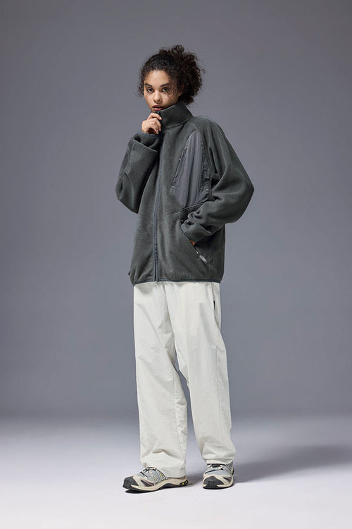 Mixed-Media Polar Fleece Stand Collar Jacket - Dark Gray