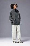 Mixed-Media Polar Fleece Stand Collar Jacket - Dark Gray