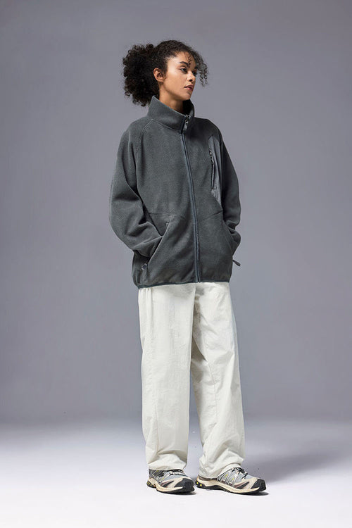 Mixed-Media Polar Fleece Stand Collar Jacket - Dark Gray