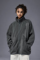 Mixed-Media Polar Fleece Stand Collar Jacket - Dark Gray