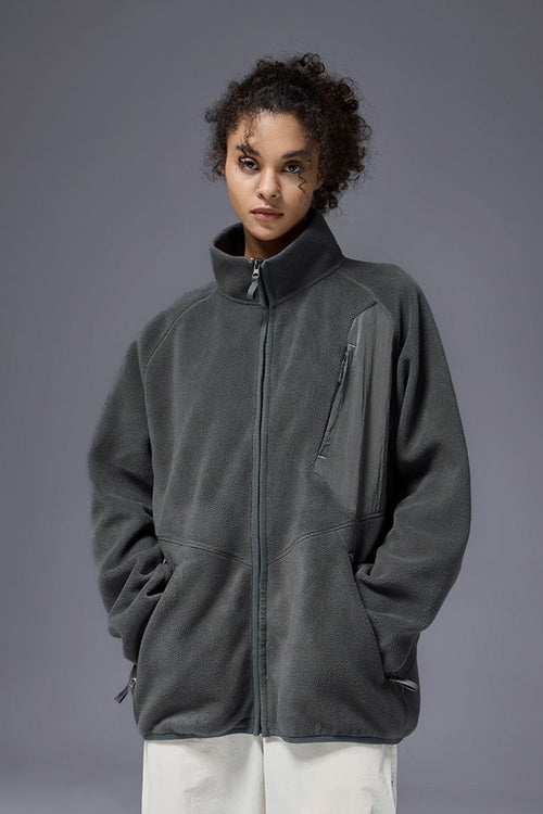Mixed-Media Polar Fleece Stand Collar Jacket - Dark Gray