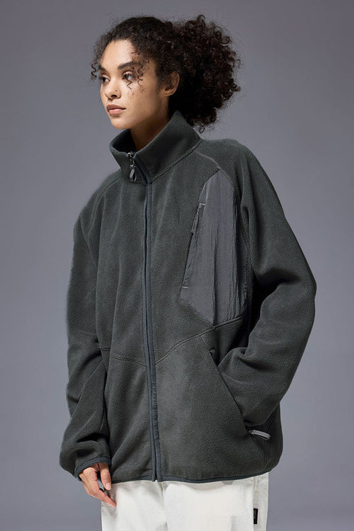 Mixed-Media Polar Fleece Stand Collar Jacket - Dark Gray