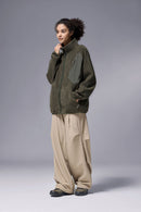 Mixed-Media Polar Fleece Stand Collar Jacket - Grayish Green