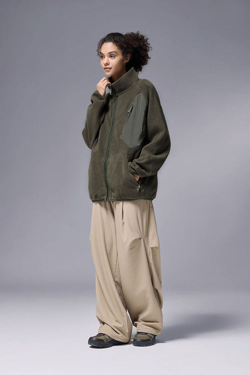 Mixed-Media Polar Fleece Stand Collar Jacket - Grayish Green