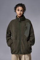 Mixed-Media Polar Fleece Stand Collar Jacket - Grayish Green