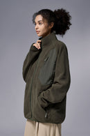 Mixed-Media Polar Fleece Stand Collar Jacket - Grayish Green
