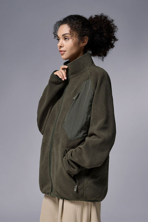 Mixed-Media Polar Fleece Stand Collar Jacket - Grayish Green