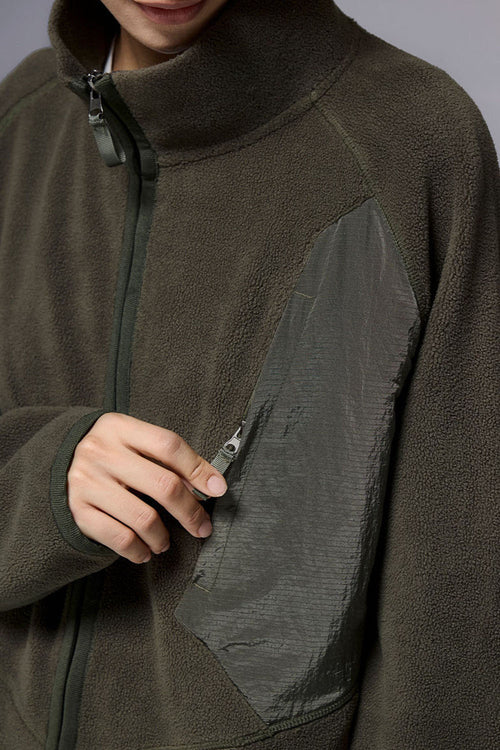 Mixed-Media Polar Fleece Stand Collar Jacket - Grayish Green