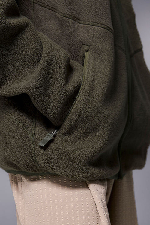 Mixed-Media Polar Fleece Stand Collar Jacket - Grayish Green