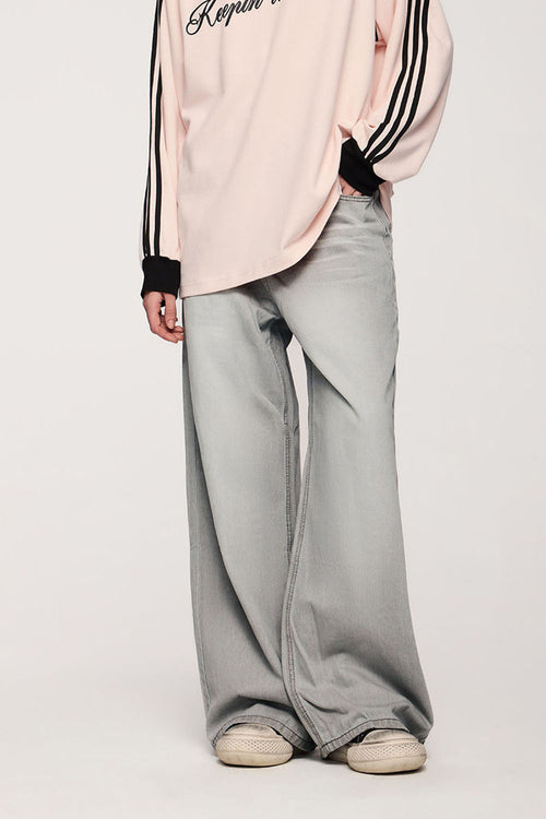 Vintage Washed Wide-Leg Denim - Light Gray