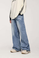 Washed Five-Pocket Wide Straight-Leg Denim Pants in Baby Blue - product detail close-up