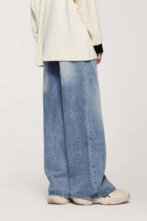 Washed Five-Pocket Wide Straight-Leg Denim Pants in Baby Blue - product detail close-up