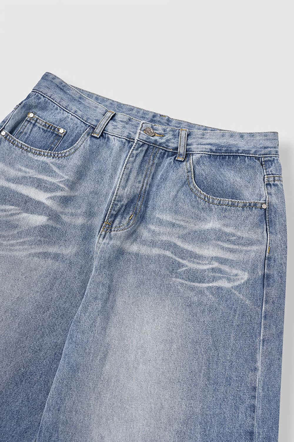 Washed Five-Pocket Wide Straight-Leg Denim Pants in Baby Blue - front flat lay product view