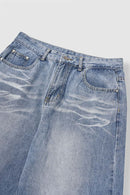 Washed Five-Pocket Wide Straight-Leg Denim Pants in Baby Blue - front flat lay product view