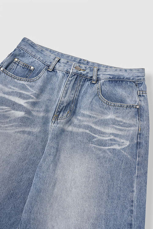 Washed Five-Pocket Wide Straight-Leg Denim Pants in Baby Blue - front flat lay product view