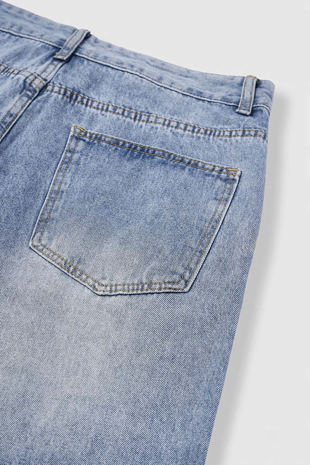 Washed Five-Pocket Wide Straight-Leg Denim Pants in Baby Blue - back pocket detail