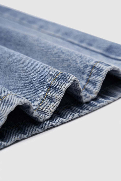 Washed Five-Pocket Wide Straight-Leg Denim Pants in Baby Blue - leg opening detail