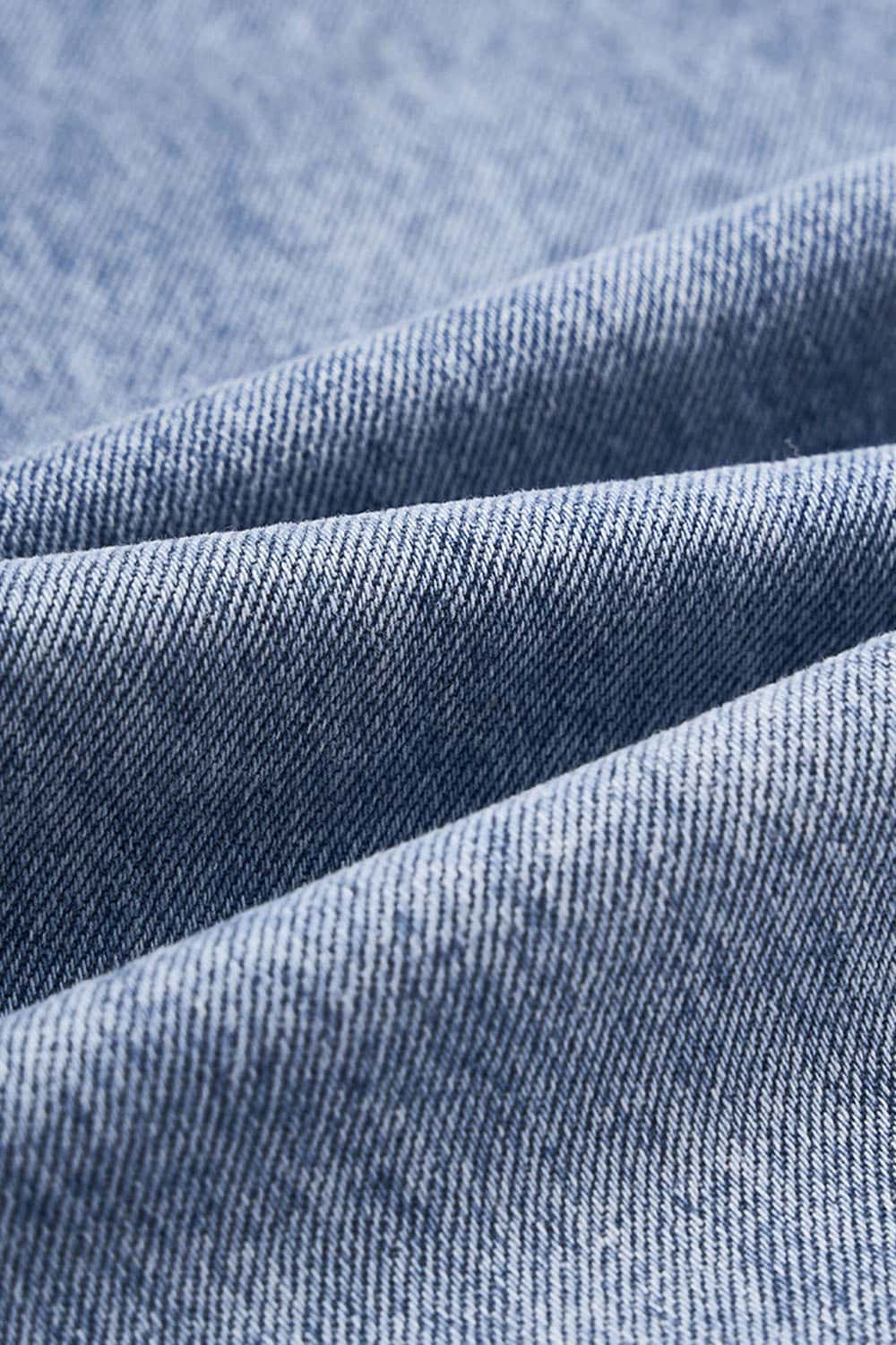 Washed Five-Pocket Wide Straight-Leg Denim Pants in Baby Blue - fabric texture close-up