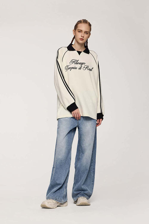Washed Five-Pocket Wide Straight-Leg Denim Pants in Baby Blue - full-length front modeled view