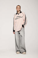 Washed Five-Pocket Wide Straight-Leg Denim Pants in Light Gray - full-length front modeled view