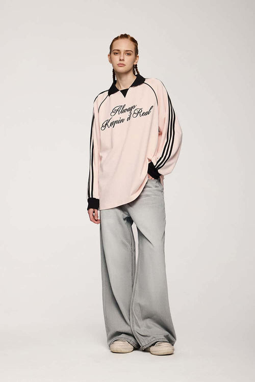 Washed Five-Pocket Wide Straight-Leg Denim Pants in Light Gray - full-length front modeled view