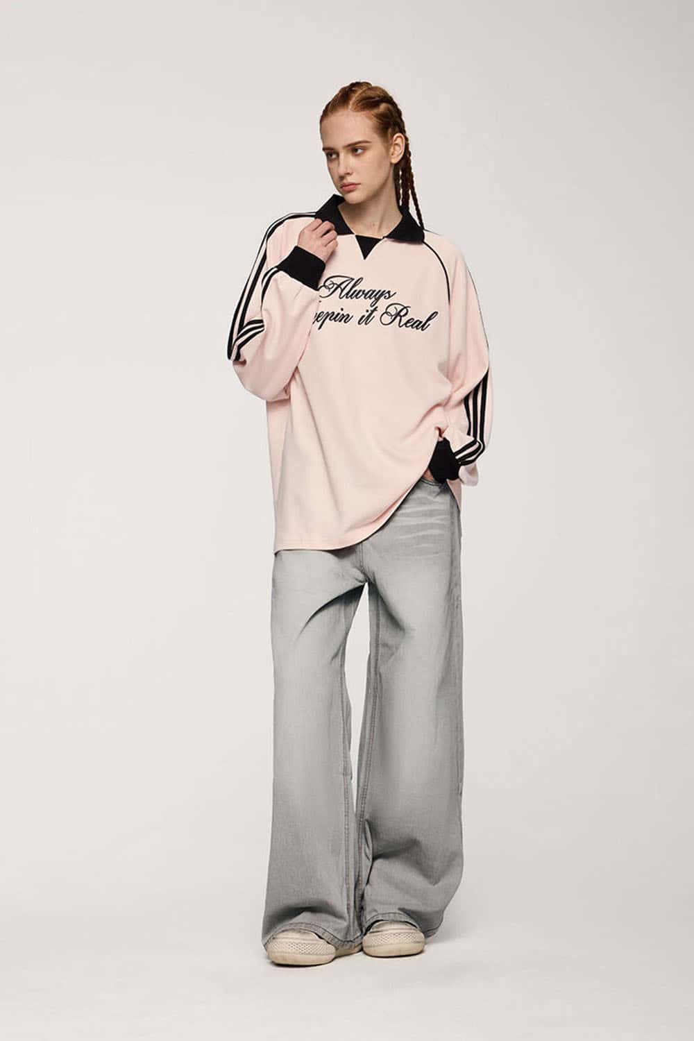 Washed Five-Pocket Wide Straight-Leg Denim Pants in Light Gray - full-length front modeled view