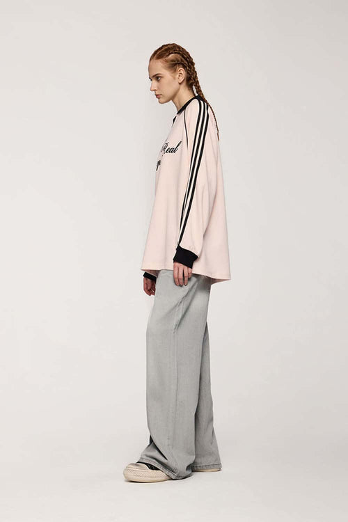 Washed Five-Pocket Wide Straight-Leg Denim Pants in Light Gray - product detail close-up