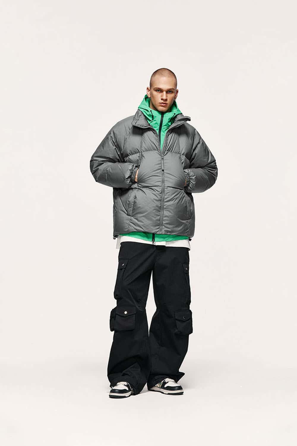 High-Neck Utility Puffer Jacket - Gray