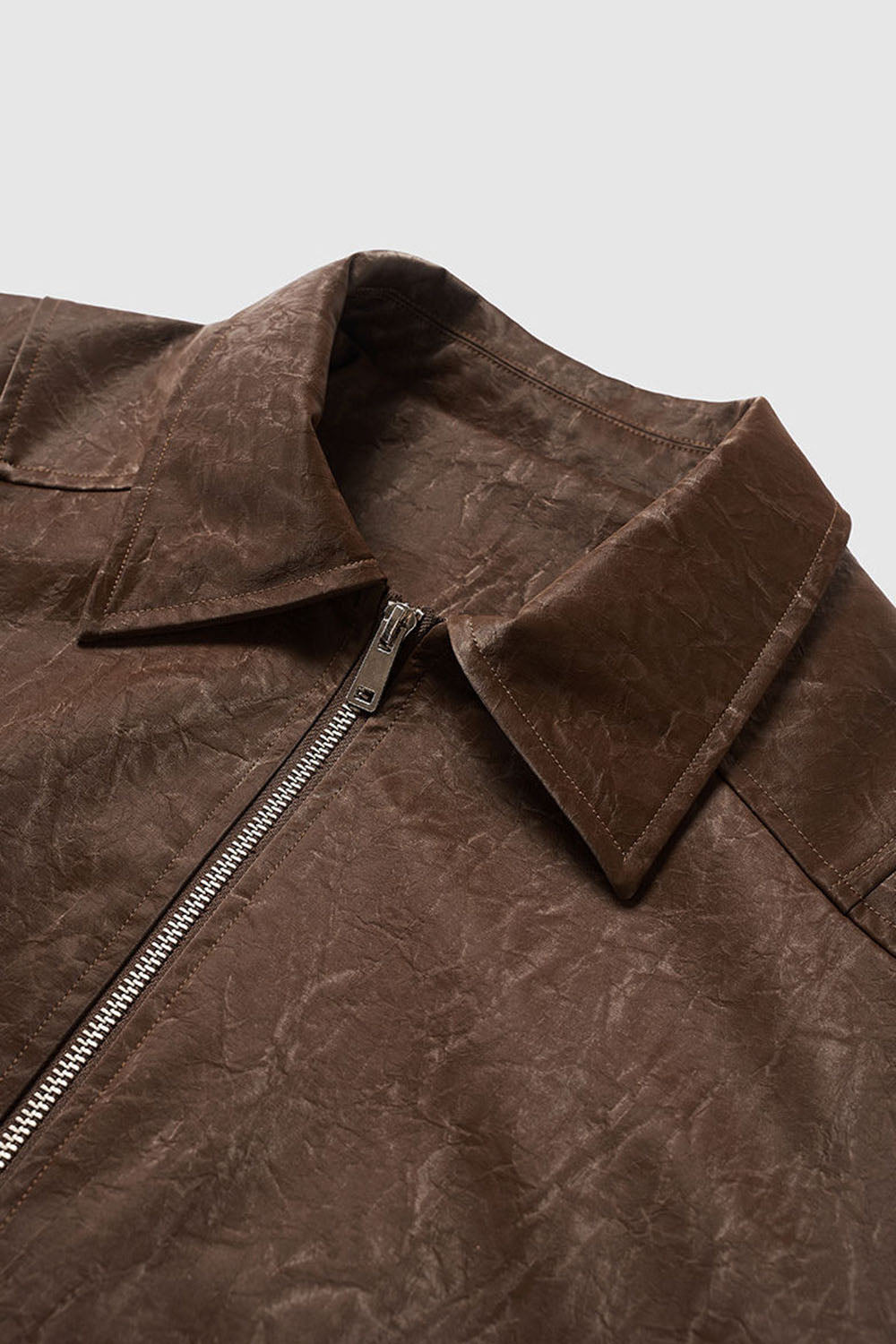 Wrinkled Leather Zip-Up Jacket with Vintage Workwear Design