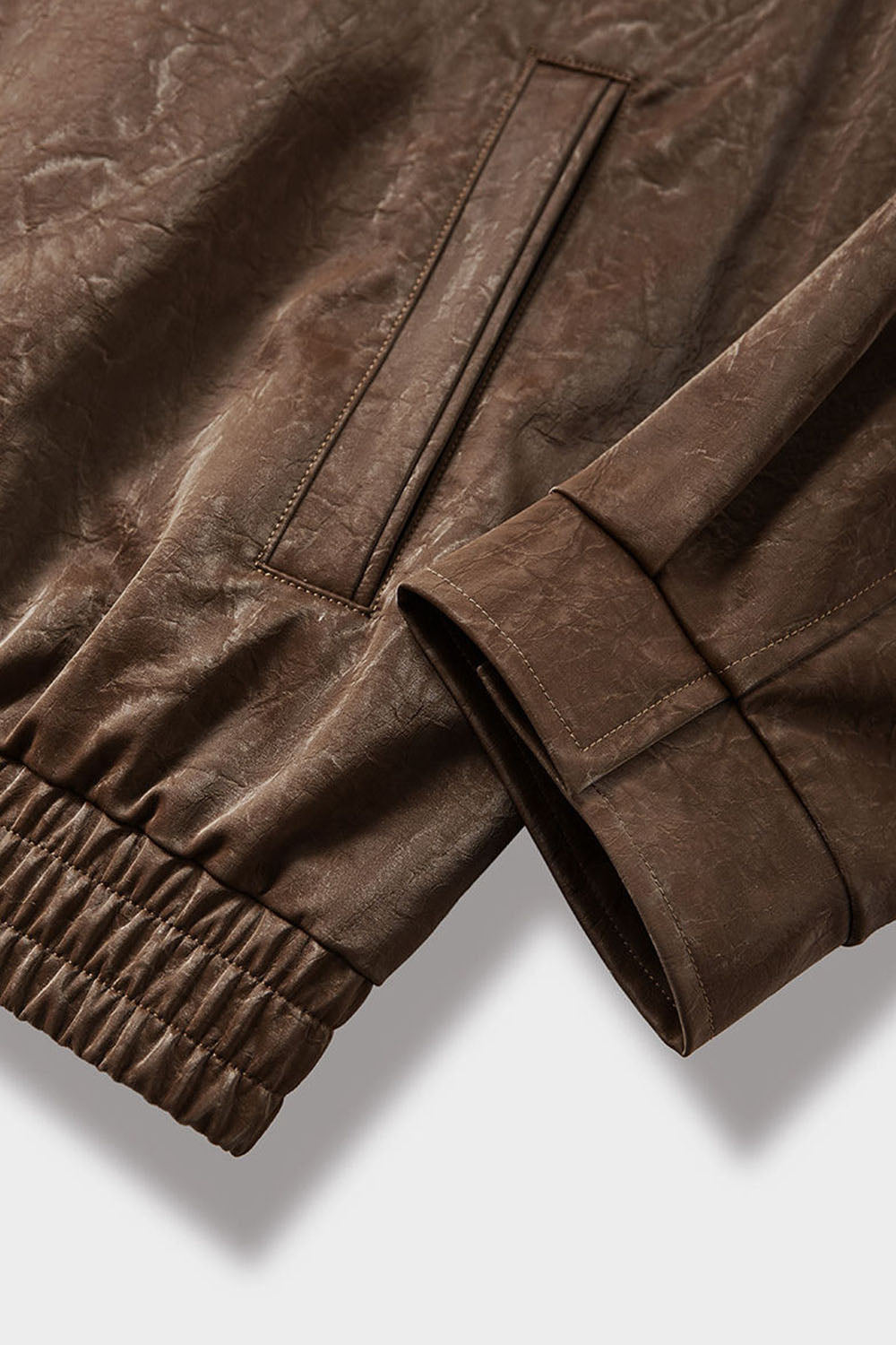 Wrinkled Leather Zip-Up Jacket with Vintage Workwear Design