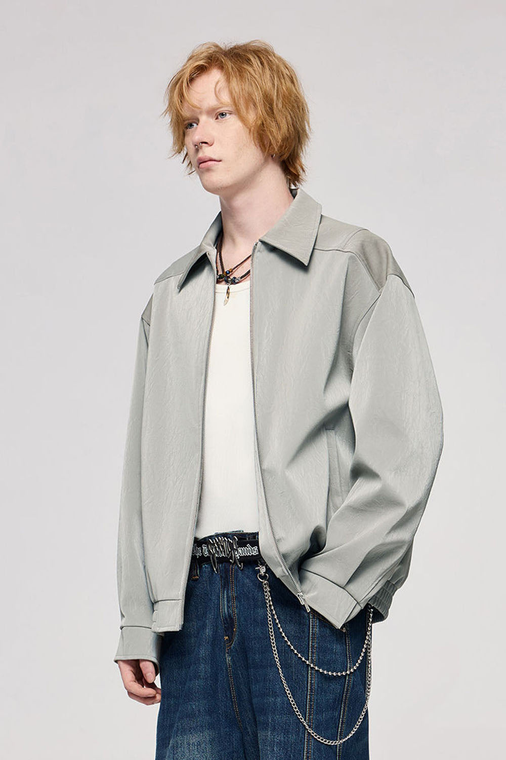 Wrinkled Leather Zip-Up Jacket with Vintage Workwear Design