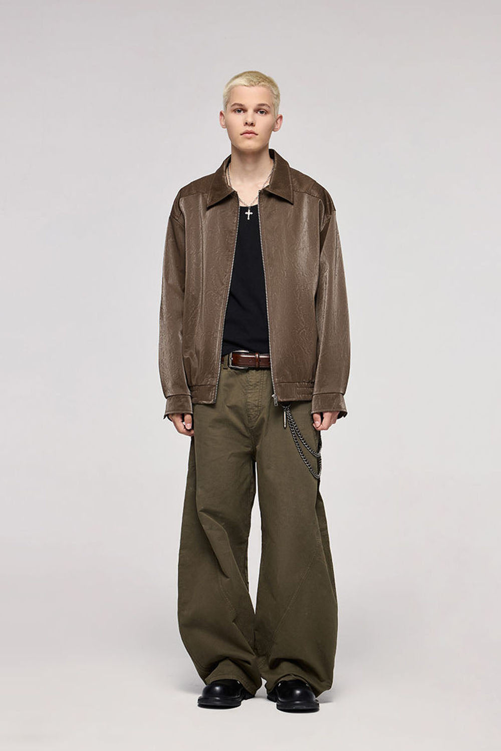 Wrinkled Leather Zip-Up Jacket with Vintage Workwear Design