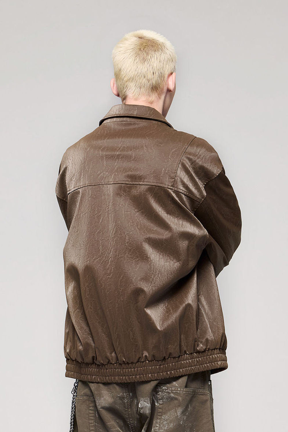 Wrinkled Leather Zip-Up Jacket with Vintage Workwear Design