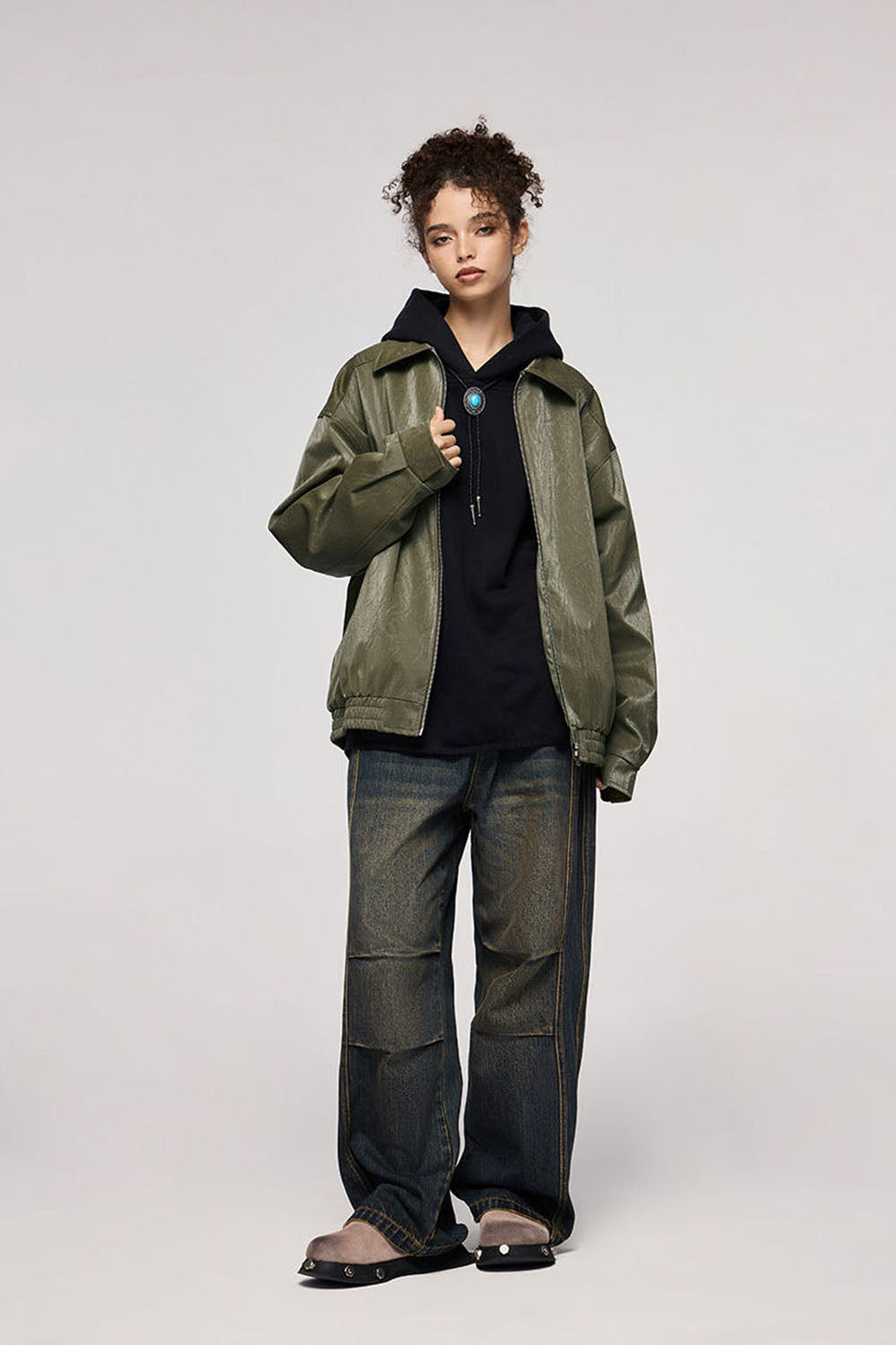 Wrinkled Leather Zip-Up Jacket with Vintage Workwear Design