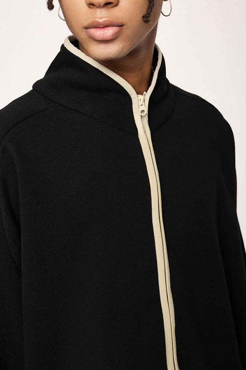 Heavyweight Two-Way Zip Stand-Collar Track Jacket in Active Black - product detail close-up