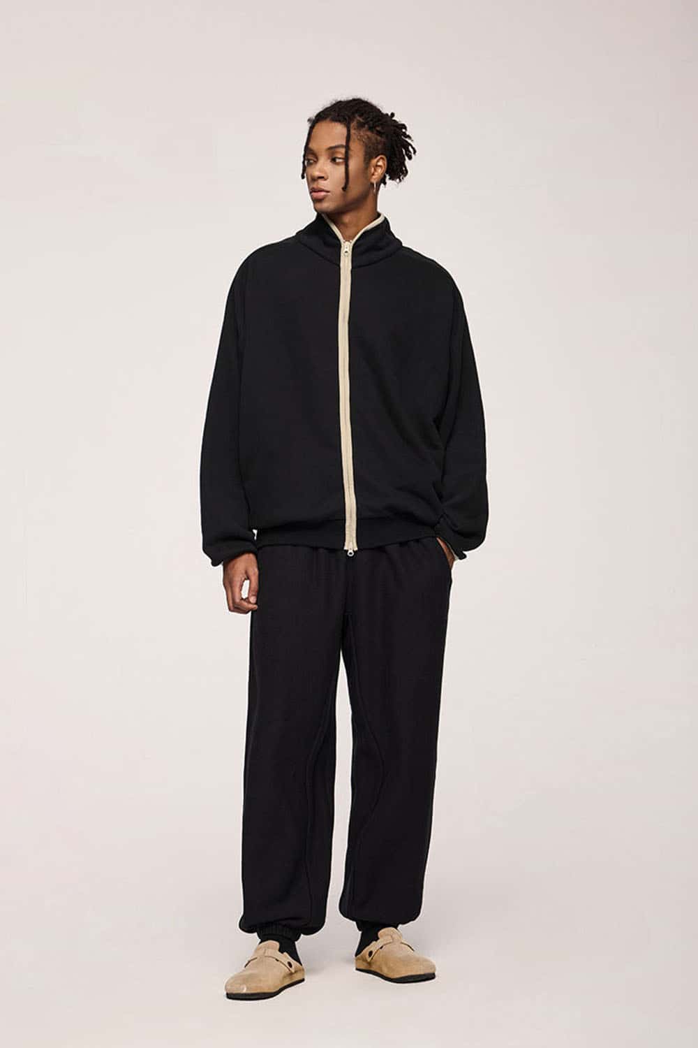 Heavyweight Two-Way Zip Stand-Collar Track Jacket in Active Black - back product view